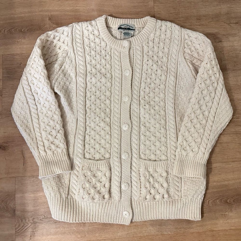 Aran Crafts Cable Knit Cream Cardigan Ireland Irish Fisherman Sweater Sz Large